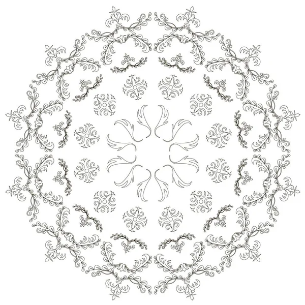 Monochroom mandala voorraad vectorillustratie. Dunne, zwarte lijn op wit — Stockvector