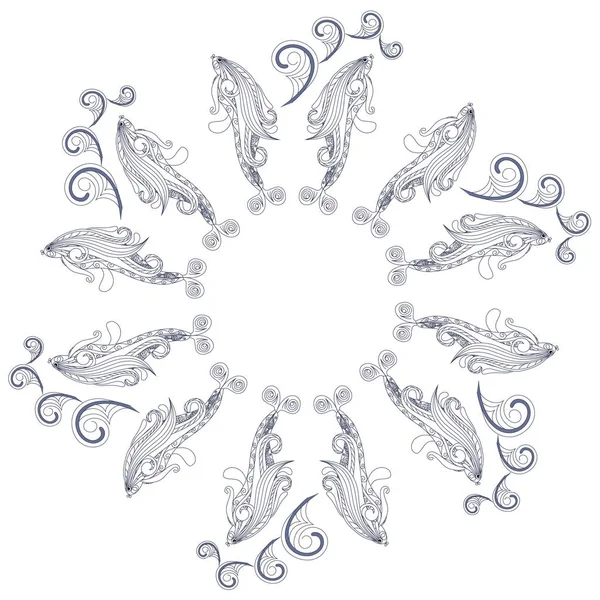 Monochrome Mandala-Vektorillustration, stilisierte Zierfische und Wellen. dünne dunkelblaue Linie auf weiß — Stockvektor
