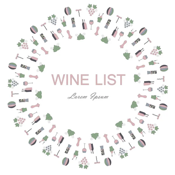 Fundo redondo para lista de vinhos, Lorem Ipsum. Azul-de-rosa, garrafas verdes, uvas, saca-rolhas, folhas de vinho, copos, adegas, degustações, armazéns em branco. Estoque vetor ilustração ícone de estilo plano — Vetor de Stock