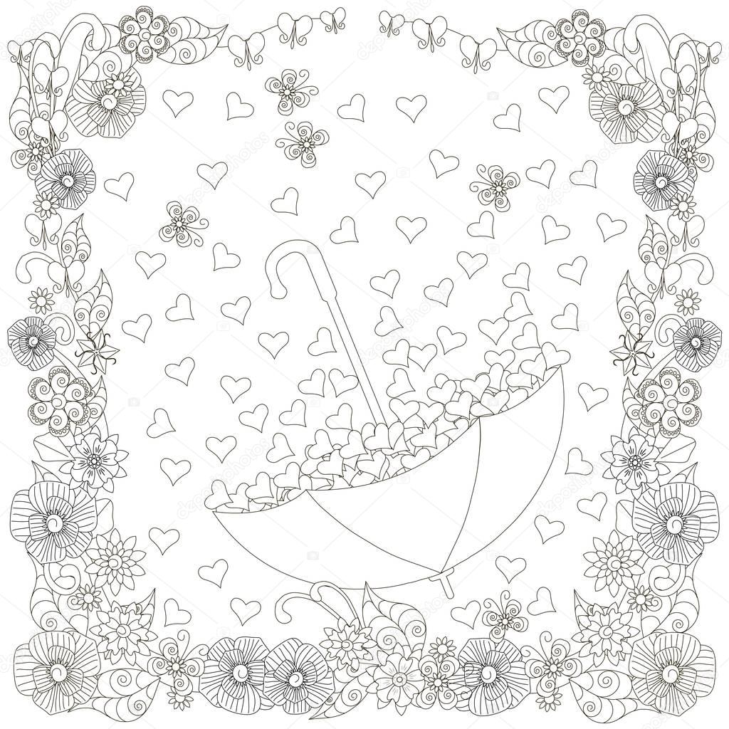 Monochrome doodle hand drawn umbrella with hearts in flowers frame. Anti stress stock vector illustration
