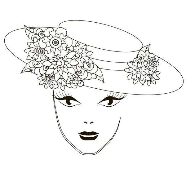Mooi meisje van de zwart-wit in de hoed met bloemen, kleurplaten Antistress voorraad vectorillustratie — Stockvector