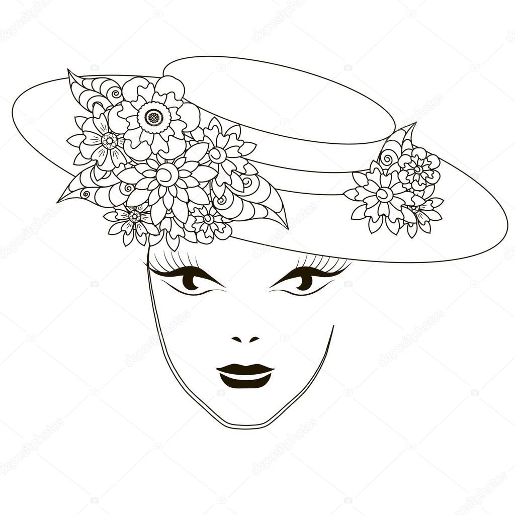 Monochrome beautiful girl in hat with flowers, coloring pages anti-stress stock vector illustration
