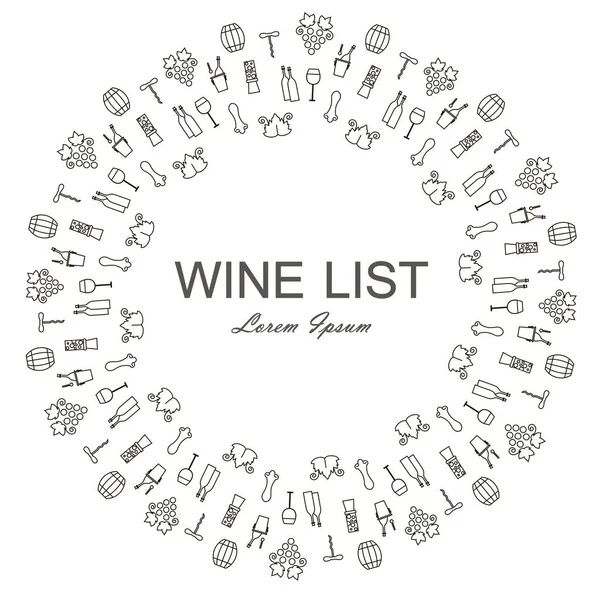 Fundo redondo para lista de vinhos, Lorem Ipsum. Garrafas monocromáticas, uvas, saca-rolhas, folhas de vinho, copos, adegas, degustações, armazéns em branco. Estoque vetor ilustração linha estilo ícone — Vetor de Stock