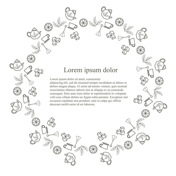 Στρογγυλή τυπογραφία banner tenmplate για τσάι, Lorem ipsum, εικονογράφηση διάνυσμα απόθεμα Σχεδιασμός γραμμή. Μονόχρωμες εικόνες τσάι κατσαρόλα, τσάντα τσαγιού, shugar κύβος, τσάι φύλλα σε λευκό φόντο — Διανυσματικό Αρχείο