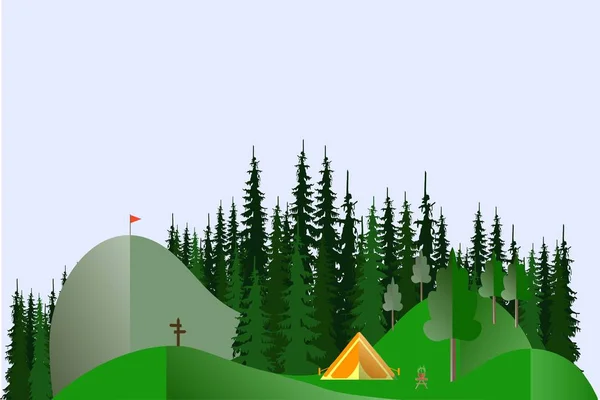 Groene sparren bos, heuvels, lichte blauwe achtergrond voorraad vektor illustratie illustratie oranje tent plat ontwerp — Stockvector