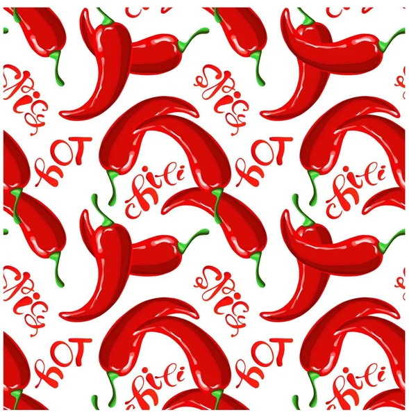 Nahtloses Muster mit roter Chilischote und Schriftzug auf weißer Vektor-Illustration — Stockvektor