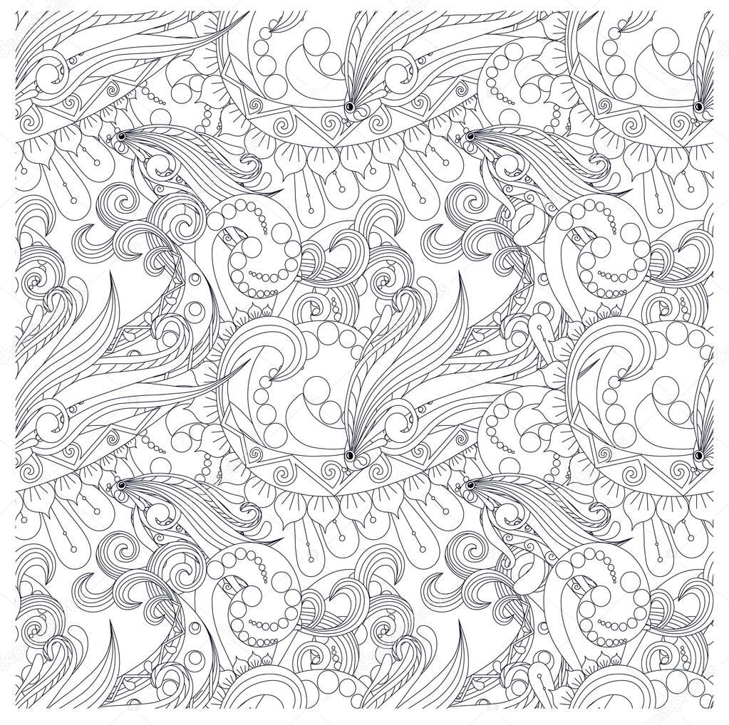 Seamless monochrome pattern stylized fishs, waves stock vector illustration