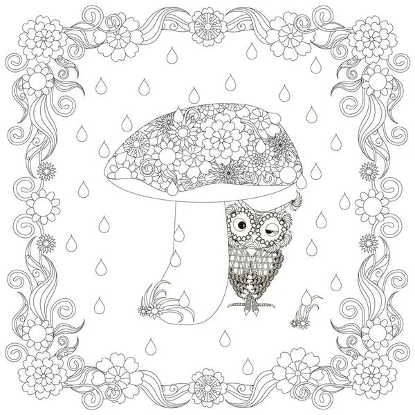 Doodle monochrome dessiné à la main hibou sous champignon dans le cadre de fleurs. Illustration vectorielle anti stress — Image vectorielle