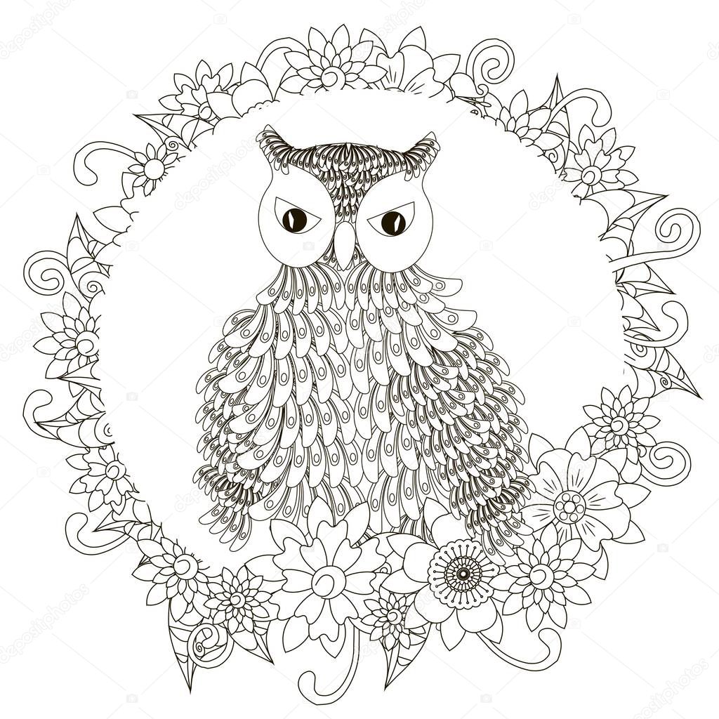 Monochrome doodle hand drawn owl in flowers frame. Anti stress stock vector illustration