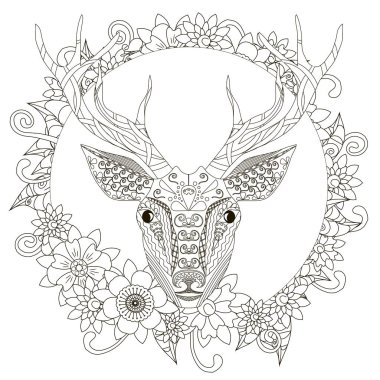 Tek renkli doodle el çiçekli çerçeve çizilmiş geyik. Anti stres hisse senedi vektör çizim
