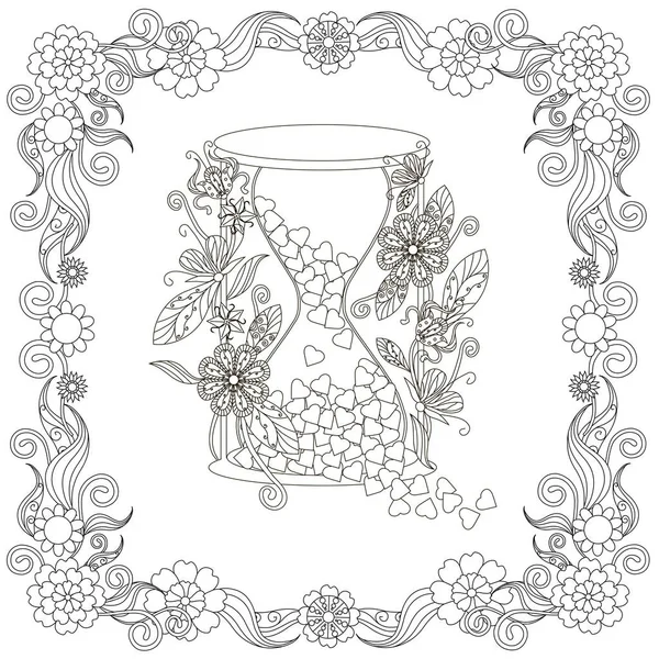 Монохромний doodle руки звертається Пісочний годинник з у серцях вболівальників у кадрі квіти. Анти-стрес векторної ілюстрації — стоковий вектор
