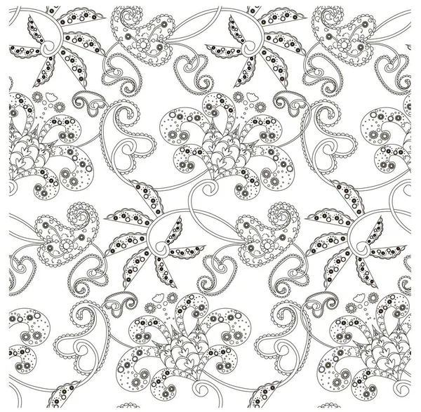 Modèle monochrome sans couture avec des fleurs, paisley, tourbillons illustration vectorielle de stock — Image vectorielle