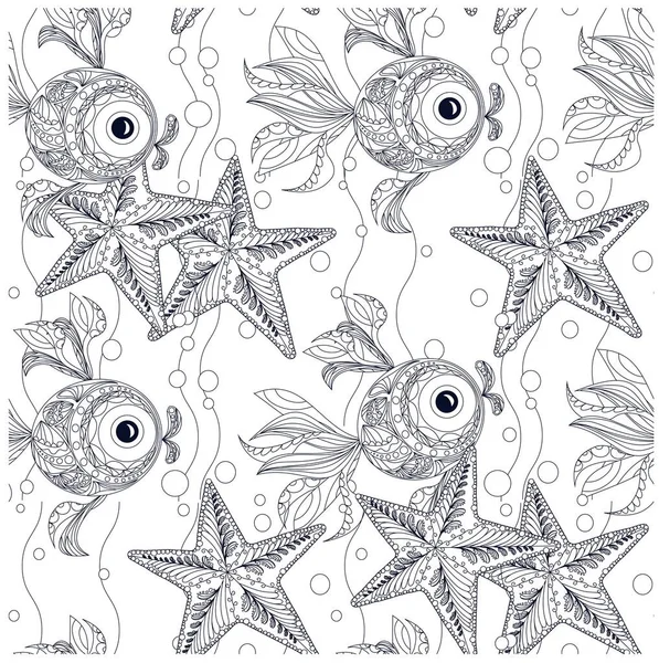 Estrella de mar inconsútil y peces ornamentales patrón monocromo stock vector ilustración — Vector de stock