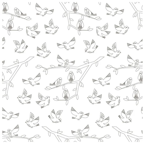 Monochromatyczne wzór z ptaków, oddział, liście Stockowa ilustracja wektorowa — Wektor stockowy