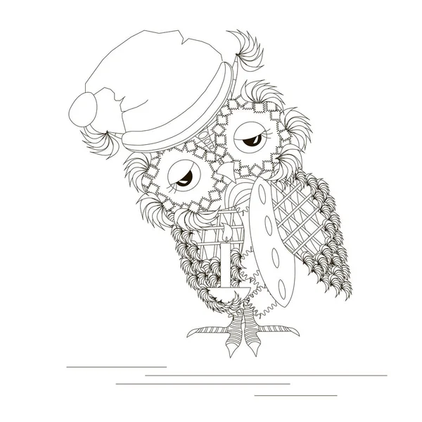 Desenho monocromático de uma coruja sonolenta com uma vela, um travesseiro sob a asa, na ilustração de vetor de estoque de boné noturno —  Vetores de Stock