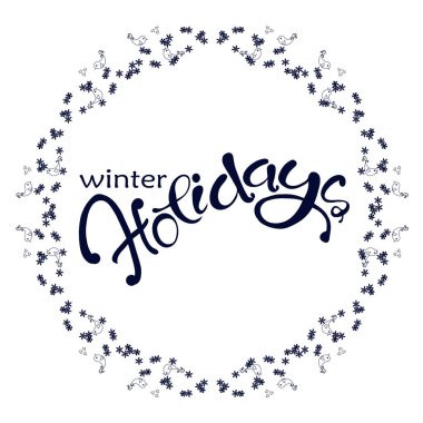 Koyu mavi beyaz hisse senedi vektör çizim üzerinde kar tanesi ve kuşlar çelenk içinde kış tatil harfler