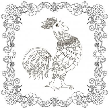 Tek renkli doodle el çekilmiş stilize horoz çiçekli çerçeve içinde. Anti stres hisse senedi vektör çizim