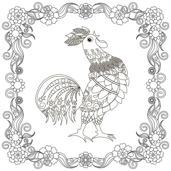 Coq stylisé gribouillé monochrome dessiné à la main dans un cadre fleuri. Illustration vectorielle anti stress — Image vectorielle