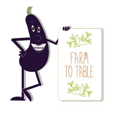 Beyaz hisse senedi vektör çizim üzerinde gülümseyen patlıcan ile tabloya tipografi afiş çiftliği