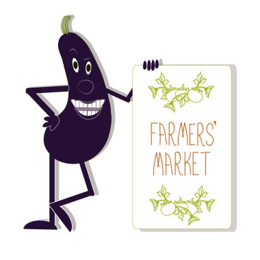 Patlıcan beyaz hisse senedi vektör çizim üzerinde gülümseyen tipografi afiş Farmer's market