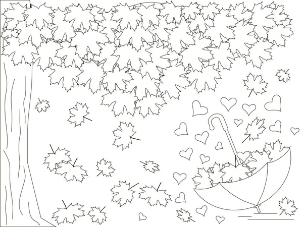 Monochrome fond romantique avec érable, parapluie inversé, coeurs, feuilles d'érable tombantes livre de coloriage anti stress illustration vectorielle de stock — Image vectorielle