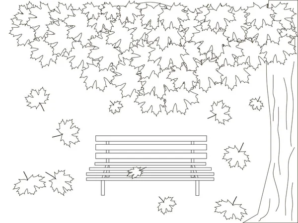 Fondo romántico monocromático con árbol de arce, banco, hojas de arce que caen para colorear libro anti estrés stock vector ilustración — Archivo Imágenes Vectoriales