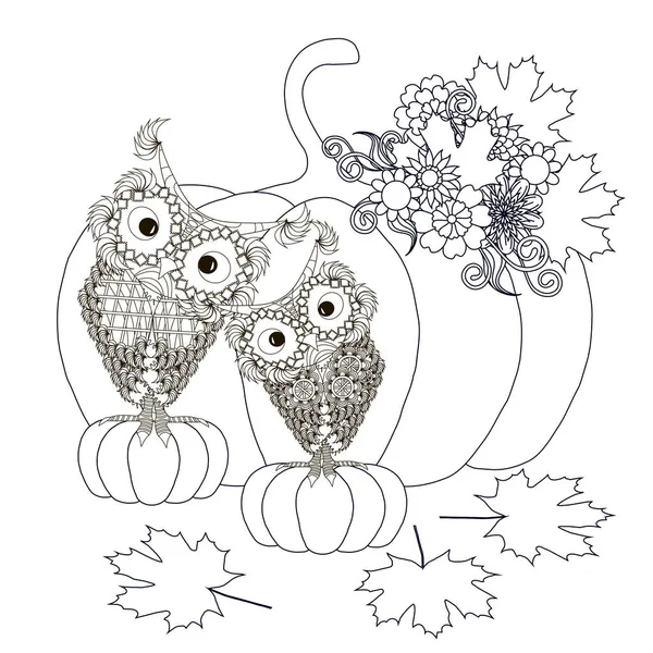 Zucche disegnate a mano doodle monocrome con gufi e fiori. Illustrazione vettoriale anti stress stock — Vettoriale Stock