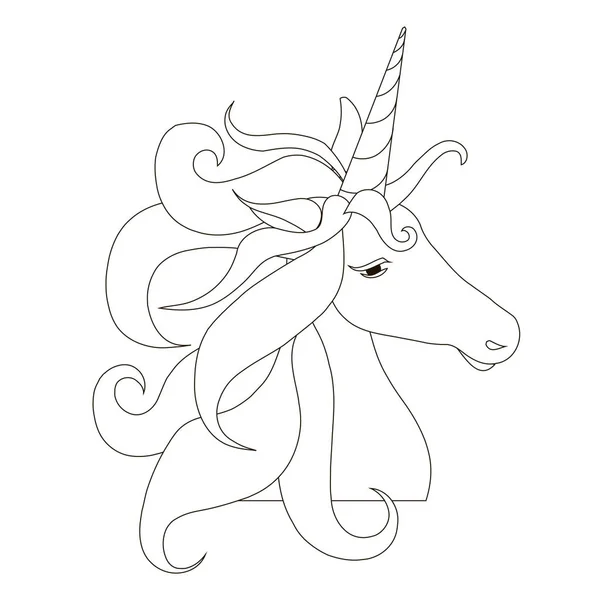 Bosquejo de silueta de cabeza de unicornio con exuberante melena en la ilustración de vector de stock blanco — Vector de stock