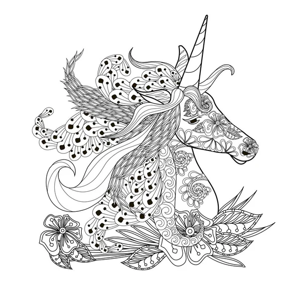 Bosquejo de estilo zentangle monocromo de cabeza de unicornio con exuberante crin stock vector ilustración — Vector de stock