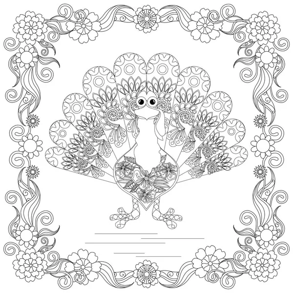 Dibujo de estilo Doodle de pavo en marco floral, delgada línea negra en la ilustración de vector de stock blanco — Vector de stock