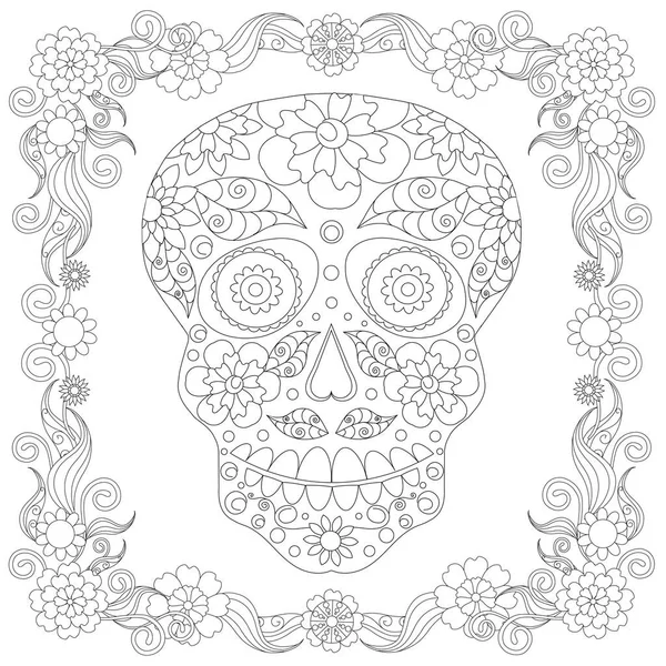 Crâne de sucre noir et blanc stylisé Doodle en cadre floral dessiné à la main, illustration vectorielle de stock monochrome — Image vectorielle