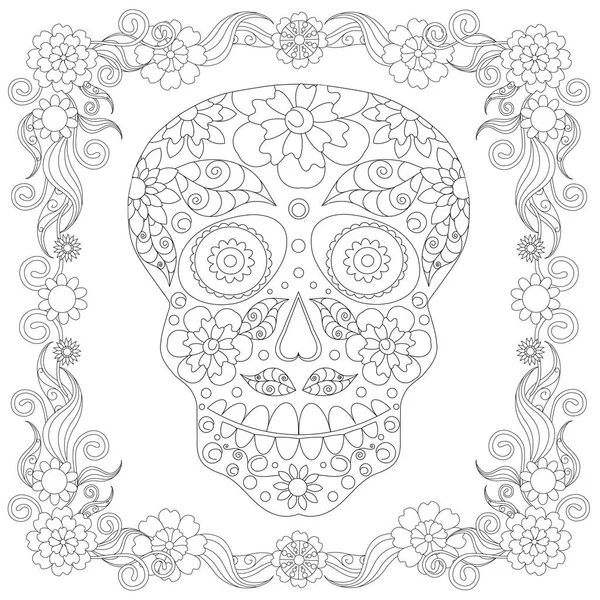 Doodle stilize siyah beyaz şeker kafatası içinde çerçeve çiçek elle çizilmiş, tek renkli hisse senedi vektör çizim