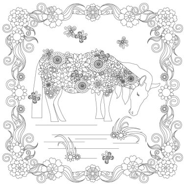 Anti stres soyut at, kelebekler, çiçekli çerçeve elle çizilmiş tek renkli vektör çizim kare