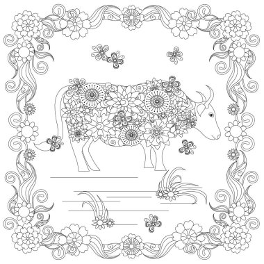 Anti stres soyut inek, kelebekler, çiçekli çerçeve elle çizilmiş tek renkli vektör çizim kare