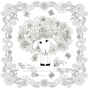 Anti stres soyut koyun, kelebekler, çiçekli çerçeve elle çizilmiş tek renkli vektör çizim kare