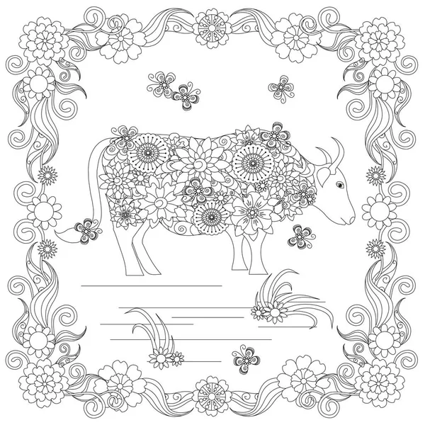 Anti estrés abstracto vaca, mariposas, marco de floración cuadrada dibujado a mano ilustración vector monocromo — Vector de stock