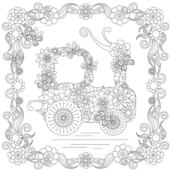 Tractor abstracto anti estrés, mariposas, marco de floración cuadrada dibujado a mano ilustración vector monocromo — Vector de stock