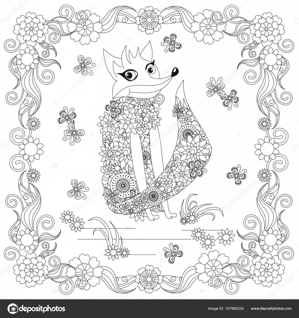 Anti volpe astratto di stress farfalle fioritura quadrati telaio disegnato a mano bianco e nero — Vettoriali di katimusr