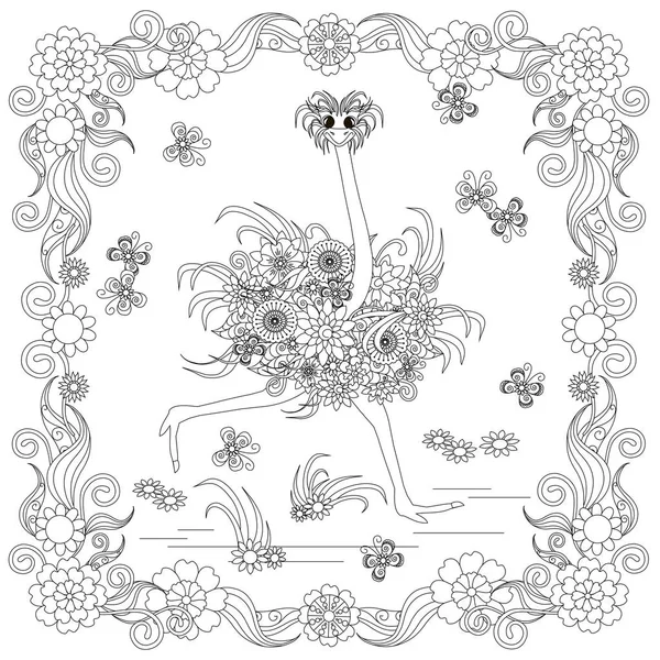 Anti estrés avestruz abstracto, mariposas, marco de floración cuadrada ilustración vector monocromo dibujado a mano — Vector de stock