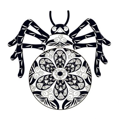 Zentangle tek renkli örümcek siyah beyaz elle çizilmiş vektör çizim stilize