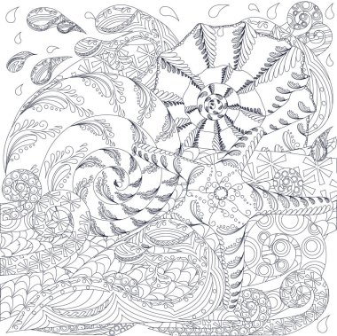 Tek renkli elle çizilmiş doodle deniz yıldızı ve kabukları dalgalar, hisse senedi vektör çizim üzerinde