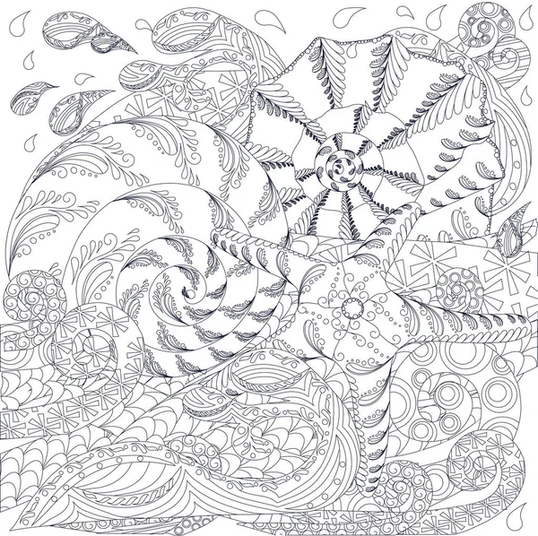 Monocrom mână trasă doodle starfish și scoici pe valuri, ilustrație vectorială stoc — Vector de stoc