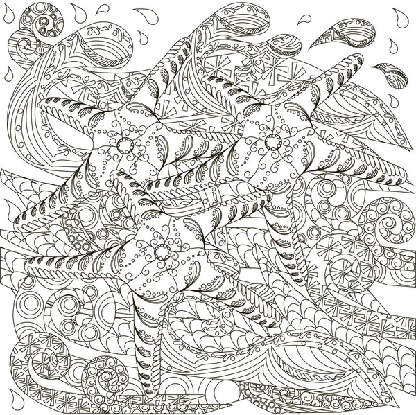 Monocromo dibujado a mano garabato estrella de mar en las olas, vector de stock ilustración — Vector de stock