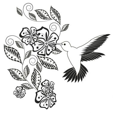 Tek renkli el çekilmiş dekoratif çiçek öğe, sayfa, boyama için sinek kuşu baskı, dövme hisse senedi vektör çizim