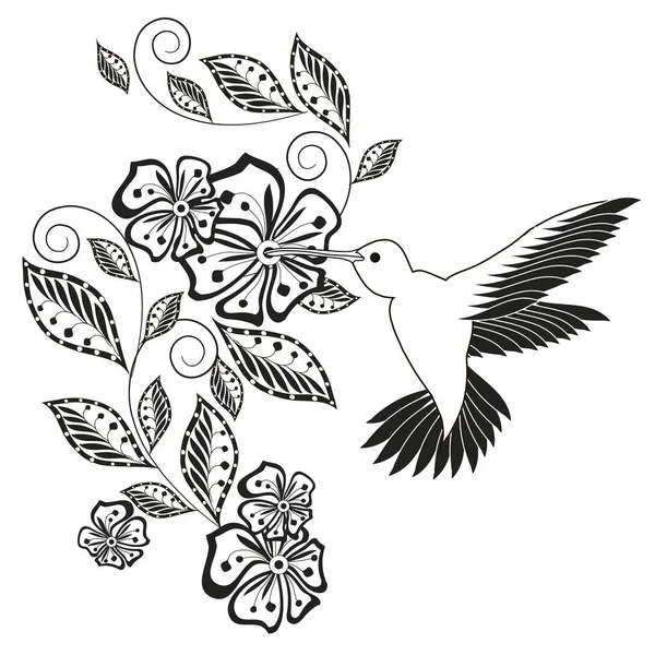 Monochrome hand drawn decorative floral element, hummingbird for coloring page, print, tattoo stock vector illustration — Stock Vector