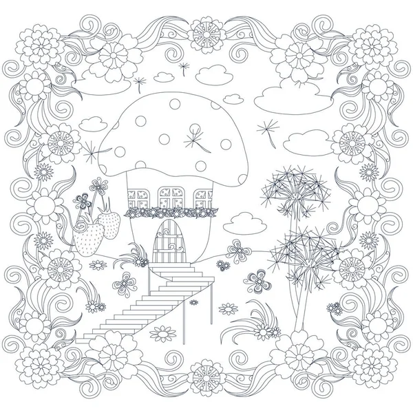 Монохромний антистресовий блок Векторні ілюстрації з казковим будинком, грибами, кульбабами, полуницею, квітами для розмальовки, для друку — стоковий вектор