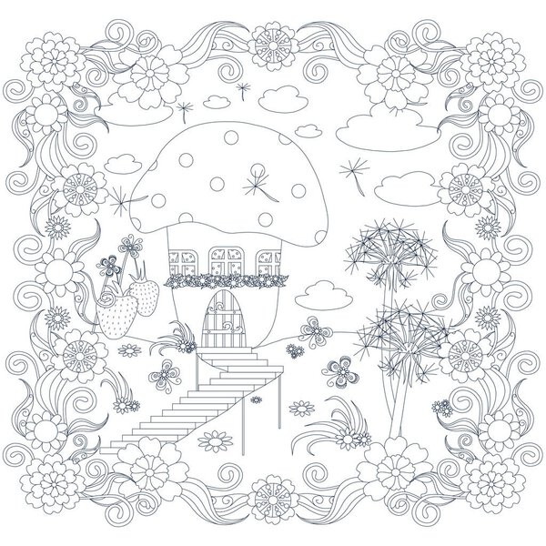 Monochrome antistress stock vector illustration with fairy house, mushroom, dandelion, strawberries, flowers for coloring book, for print