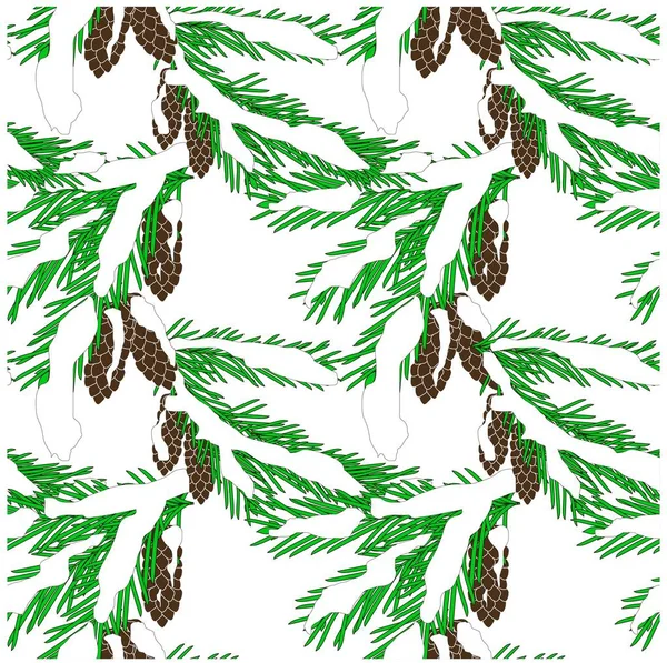 Бесшовный фон зеленых еловых ветвей в белом снегу с коричневыми конусами на белом, клип-арт векторной иллюстрации — стоковый вектор
