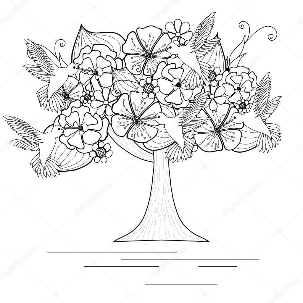Monochrome blooming tree with hummingbirds for coloring book, anti-stress vector illustration