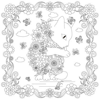 Anti stres soyut çiçek kedi, kelebekler, çiçekli çerçeve elle çizilmiş tek renkli vektör çizim kare